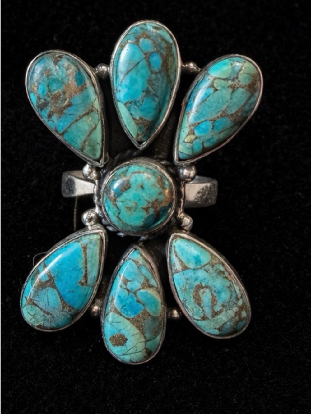 Sterling Silver Turquoise Ring Adjustable Statement Cluster Southwestern Boho